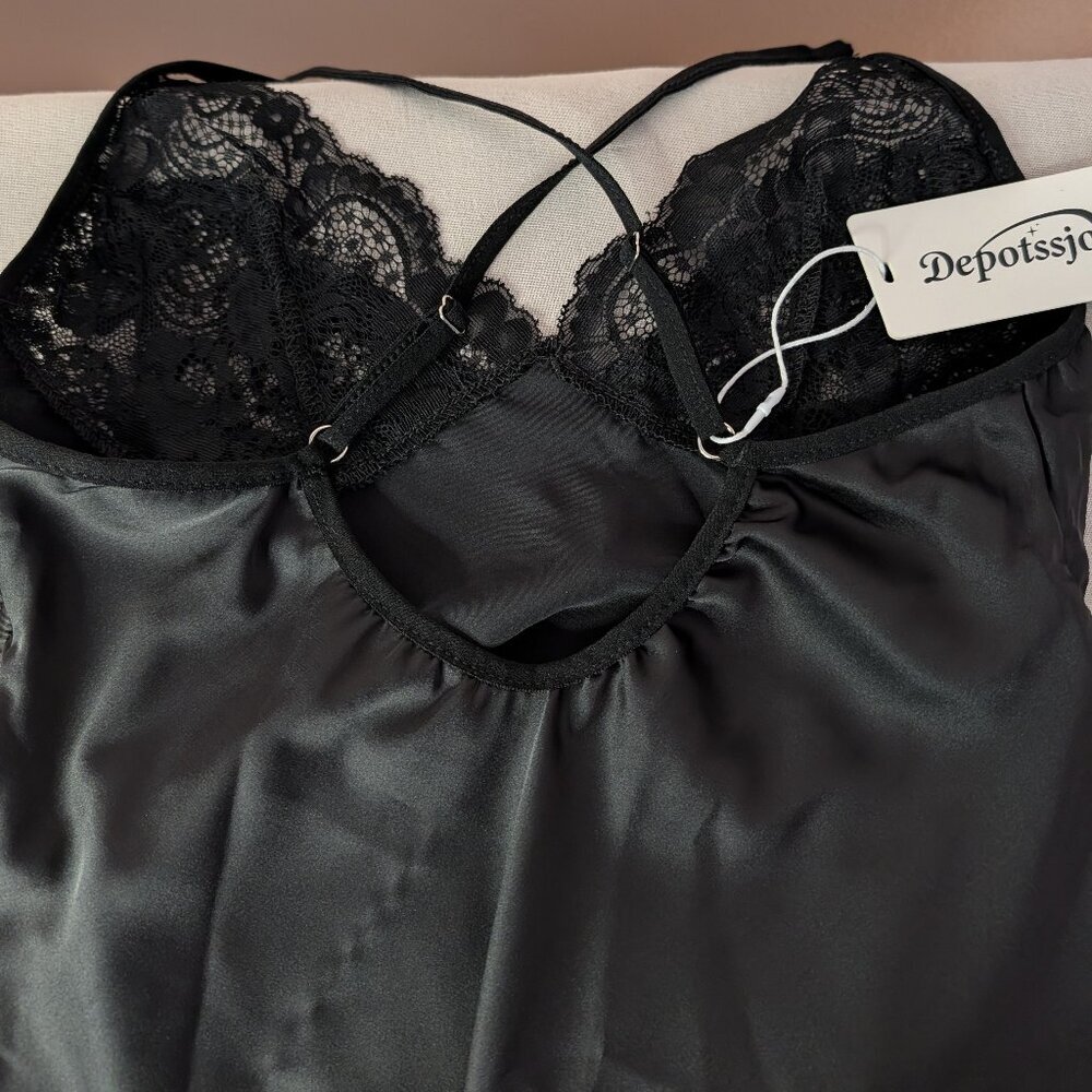 Black Satin Lace Mini Nightgown Ruched Sides Single Strap Chemise - Picture 8 of 11